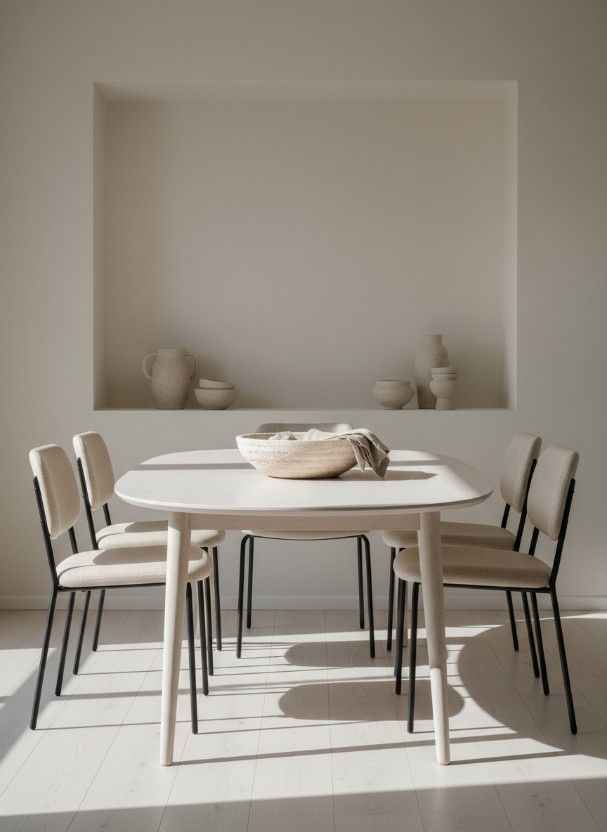 A refined, minimalist dining area featuring an oval white oak table with a soft matte finish and delicately tapered legs, surrounded by four upholstered sand-colored chairs with slim black metal frames. The table is styled with a single oversized travertine bowl and a stack of linen napkins in muted beige. Behind, a built-in niche painted in warm white displays carefully curated ceramics in cream and stone tones. Diffused afternoon light enters from the right, casting gentle, elongated shadows and highlighting the wood grain. Photographic realism with a centered, slightly elevated composition, sharp focus throughout, and a serene, gallery-like atmosphere that feels sophisticated, understated, and perfectly suited to elevated online interior design.