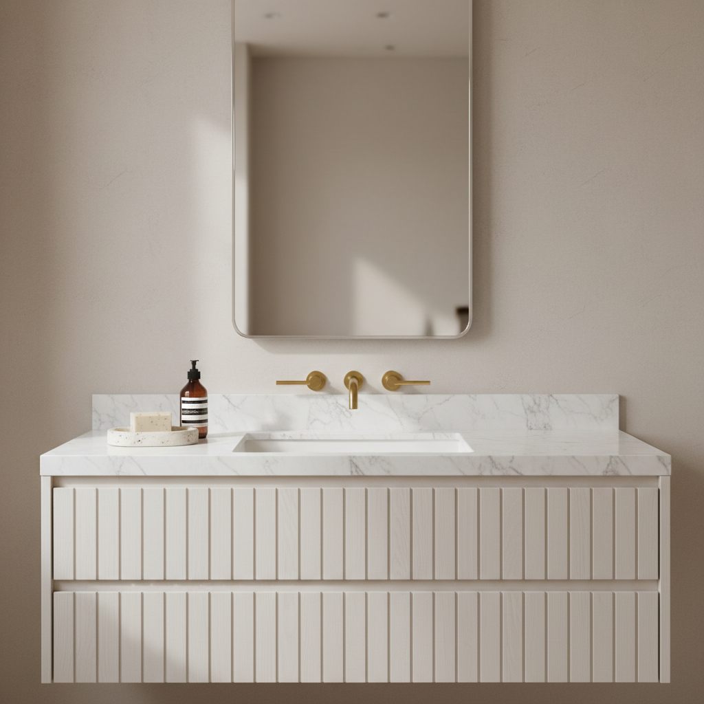 A luxurious yet understated bathroom vanity scene featuring a floating, ribbed white oak cabinet topped with honed white marble veined in soft gray. An elegant, rectangular undermount sink is paired with a slender wall-mounted brushed brass faucet. Above, a frameless, tall rectangular mirror reflects a hint of muted, neutral space beyond. On the countertop, a small sculptural stone tray holds a bar of artisan soap and a minimalist amber glass bottle. Soft, diffused daylight enters from the side, creating gentle reflections on the brass and a subtle sheen on the marble. Photographic realism, composed symmetrically with sharp focus and a clean, modern aesthetic. The mood is serene, polished, and sophisticated, exemplifying elevated interiors that feel attainable through online design.