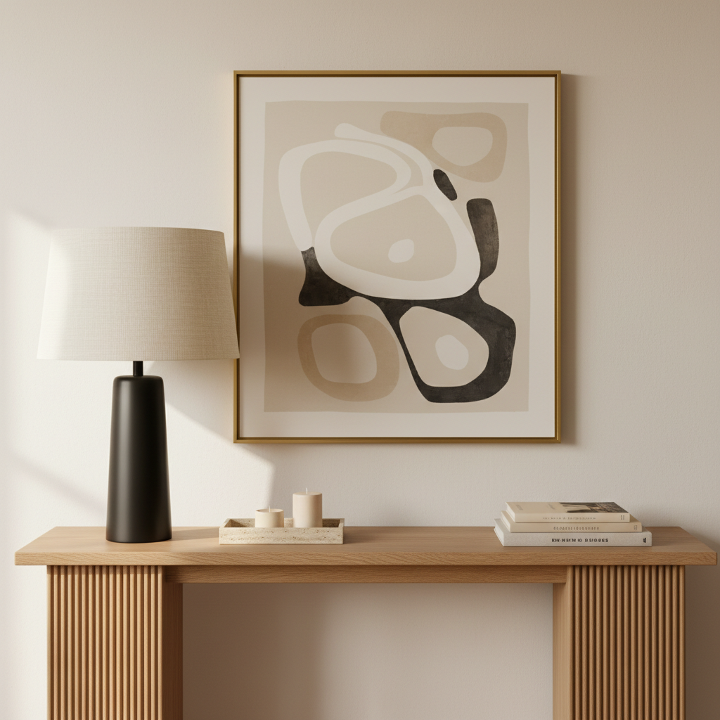 A tastefully composed console vignette against a smooth, warm white wall, featuring a long, narrow fluted oak console table with a soft natural finish. On its surface rests a tall, matte black sculptural lamp with an oversized ivory linen shade, a low travertine tray holding two minimalist candles, and a small stack of hardcover design books in neutral covers. Above, an abstract artwork in beige and charcoal is framed in thin brushed brass. Soft morning light from the left creates gentle highlights on the wood fluting and subtle shadows under each object. Photographic realism, shot at eye-level with a rule-of-thirds composition, creating a sophisticated, calm, and curated atmosphere that communicates elevated interiors and thoughtful styling.