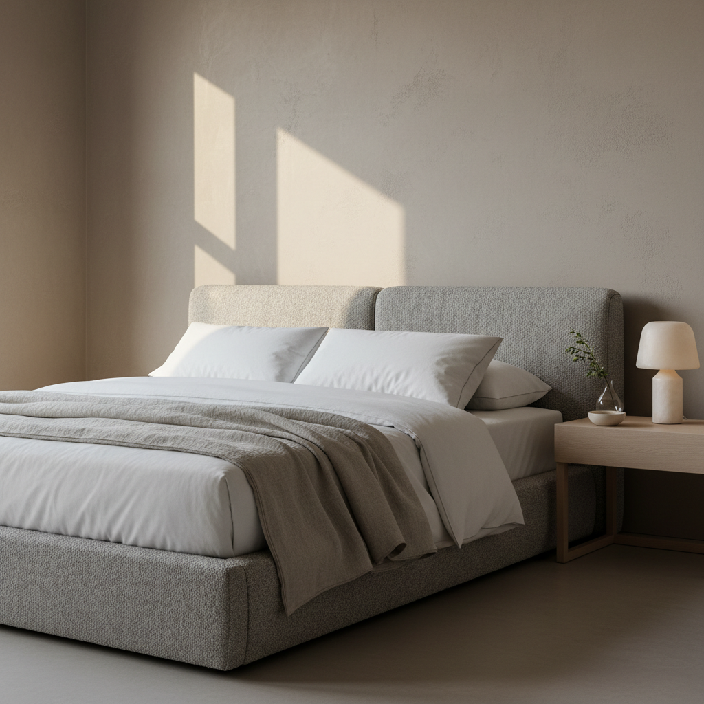 An elegant, modern bedroom scene with a low upholstered headboard in textured stone-gray boucle fabric, framed by crisp white bedding and a light taupe linen duvet loosely folded at the foot of the bed. A slim, pale oak nightstand with clean lines sits to the side, holding a small alabaster table lamp, a ceramic catchall dish, and a single stem in a clear glass bud vase. The wall is painted in a soft, warm greige, with subtle texture. Late afternoon natural light streams in from a tall unseen window, creating a serene play of light and shadow across the textiles. Photographic realism, captured from a slightly angled, mid-distance view with a shallow depth of field, conveying a tranquil, sophisticated, and elevated retreat designed with a modern, online interior design sensibility.