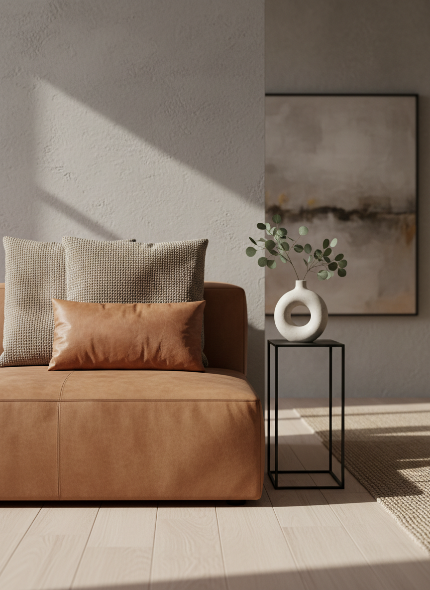 A meticulously styled, light-filled living room corner showcasing a low-profile linen sofa in warm oatmeal, accented by two textured, taupe throw pillows and a single cognac leather cushion. The sofa is positioned against a soft greige plaster wall, with a thin black metal side table holding a sculptural white ceramic vase and a single branch of greenery. Natural daylight pours in from an unseen window on the left, creating soft, directional shadows and a gentle glow on the fabrics. Photographic realism, captured at eye-level with a slightly wide angle, using a shallow depth of field that leaves the far background subtly blurred. The mood is sophisticated, calm, and elevated, embodying a clean, modern interior design aesthetic.